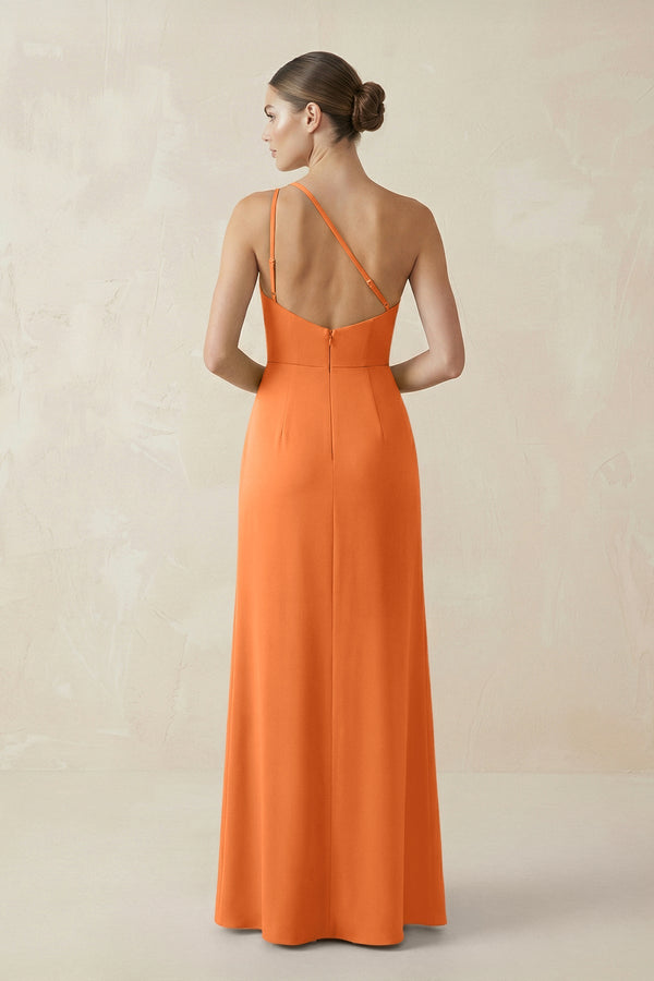 KissProm | One-Shoulder Sheath Ruched Bridesmaid Dress With Slit in Orange KissProm | One-Shoulder Sheath Ruched Bridesmaid Dress With Slit in Orange