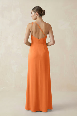 Sheath One - Shoulder Ruched Bridesmaid Dress With Slit in Orange - KissProm Bridesmaid Dresses