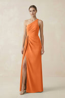 Sheath One - Shoulder Ruched Bridesmaid Dress With Slit in Orange - KissProm Bridesmaid Dresses
