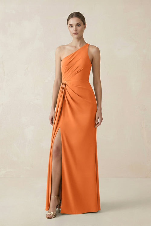 Sheath One - Shoulder Ruched Bridesmaid Dress With Slit in Orange - KissProm Bridesmaid Dresses