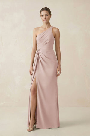 Sheath One - Shoulder Ruched Bridesmaid Dress With Slit in Pale Blush - KissProm Bridesmaid Dresses