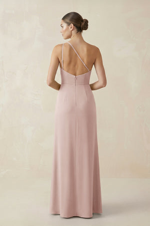 Sheath One - Shoulder Ruched Bridesmaid Dress With Slit in Pale Blush - KissProm Bridesmaid Dresses