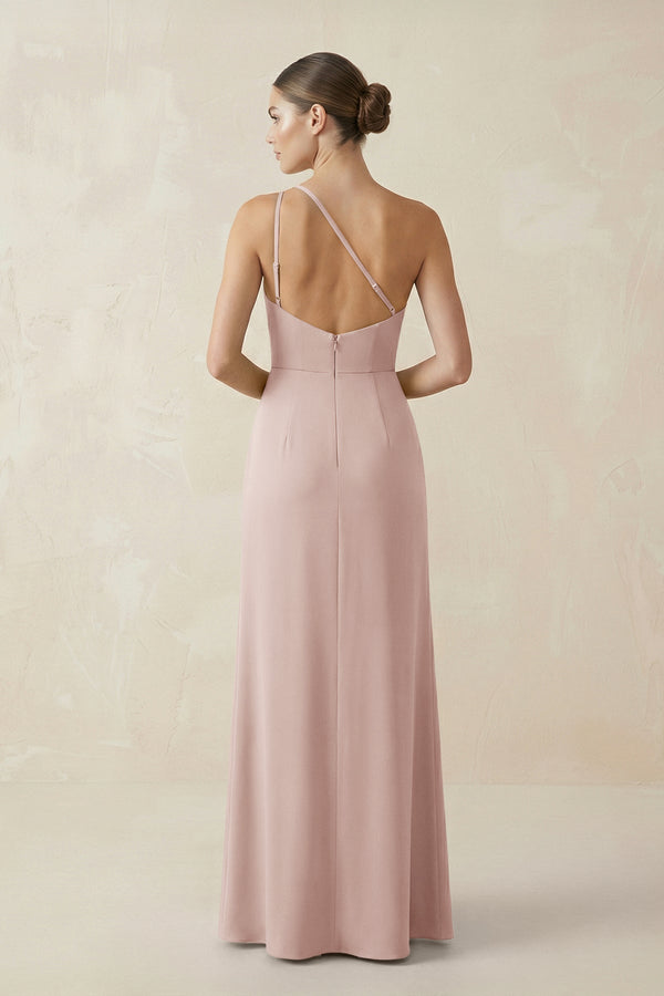 Sheath One - Shoulder Ruched Bridesmaid Dress With Slit in Pale Blush - KissProm Bridesmaid Dresses