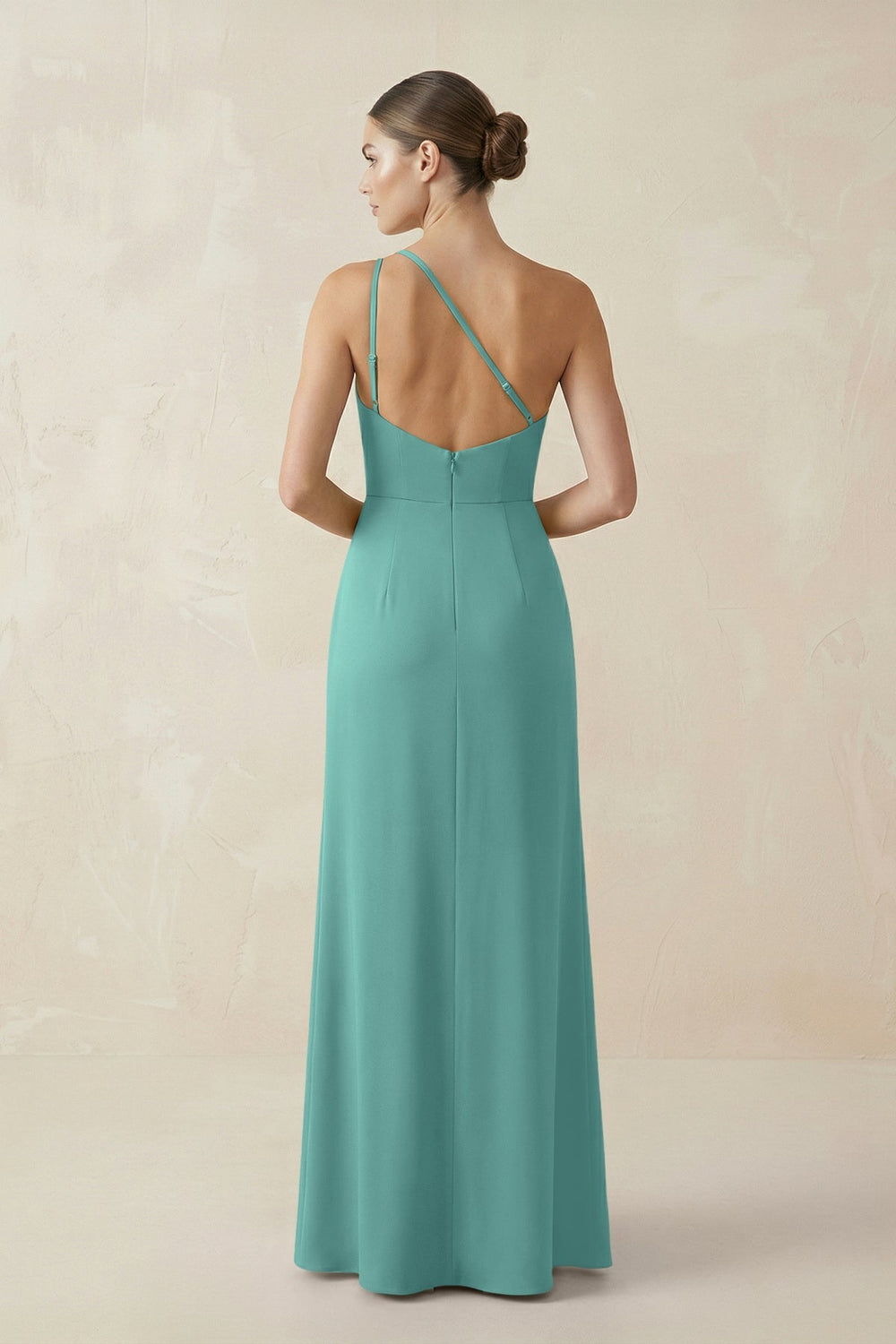 Sheath One - Shoulder Ruched Bridesmaid Dress With Slit in Pale Pistachio - KissProm Bridesmaid Dresses