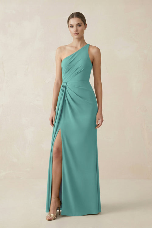 Sheath One - Shoulder Ruched Bridesmaid Dress With Slit in Pale Pistachio - KissProm Bridesmaid Dresses