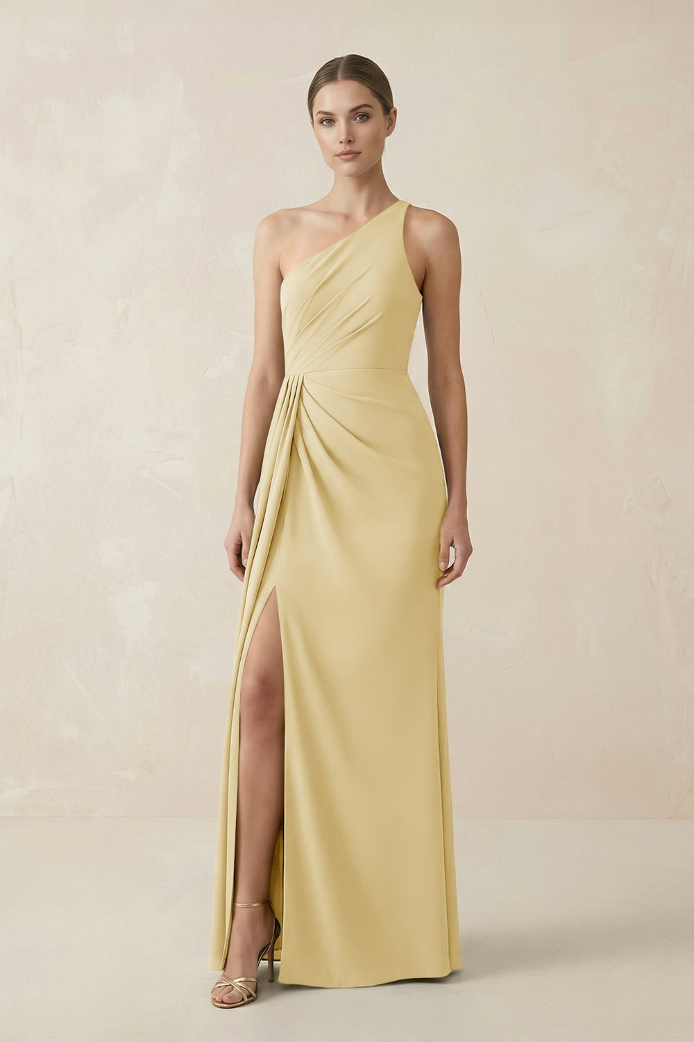 Sheath One - Shoulder Ruched Bridesmaid Dress With Slit in Pastel Yellow - KissProm Bridesmaid Dresses