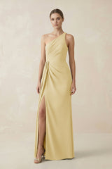 Sheath One - Shoulder Ruched Bridesmaid Dress With Slit in Pastel Yellow - KissProm Bridesmaid Dresses