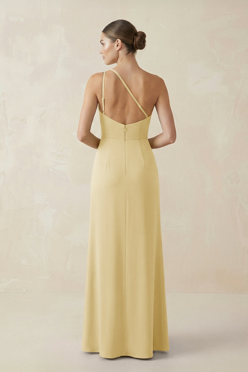 Sheath One - Shoulder Ruched Bridesmaid Dress With Slit in Pastel Yellow - KissProm Bridesmaid Dresses