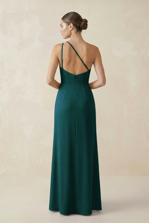 Sheath One - Shoulder Ruched Bridesmaid Dress With Slit in Pine - KissProm Bridesmaid Dresses