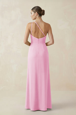 Sheath One - Shoulder Ruched Bridesmaid Dress With Slit in Pink - KissProm Bridesmaid Dresses