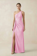 Sheath One - Shoulder Ruched Bridesmaid Dress With Slit in Pink - KissProm Bridesmaid Dresses