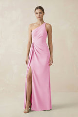 Sheath One - Shoulder Ruched Bridesmaid Dress With Slit in Pink - KissProm Bridesmaid Dresses