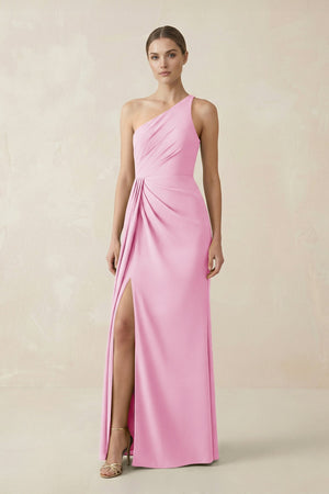 Sheath One - Shoulder Ruched Bridesmaid Dress With Slit in Pink - KissProm Bridesmaid Dresses