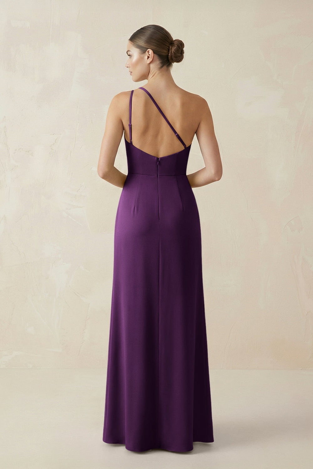 Sheath One - Shoulder Ruched Bridesmaid Dress With Slit in Plum - KissProm Bridesmaid Dresses