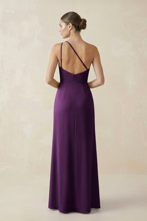Sheath One - Shoulder Ruched Bridesmaid Dress With Slit in Plum - KissProm Bridesmaid Dresses