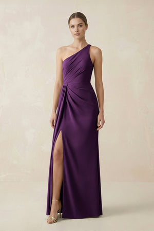 Sheath One - Shoulder Ruched Bridesmaid Dress With Slit in Plum - KissProm Bridesmaid Dresses