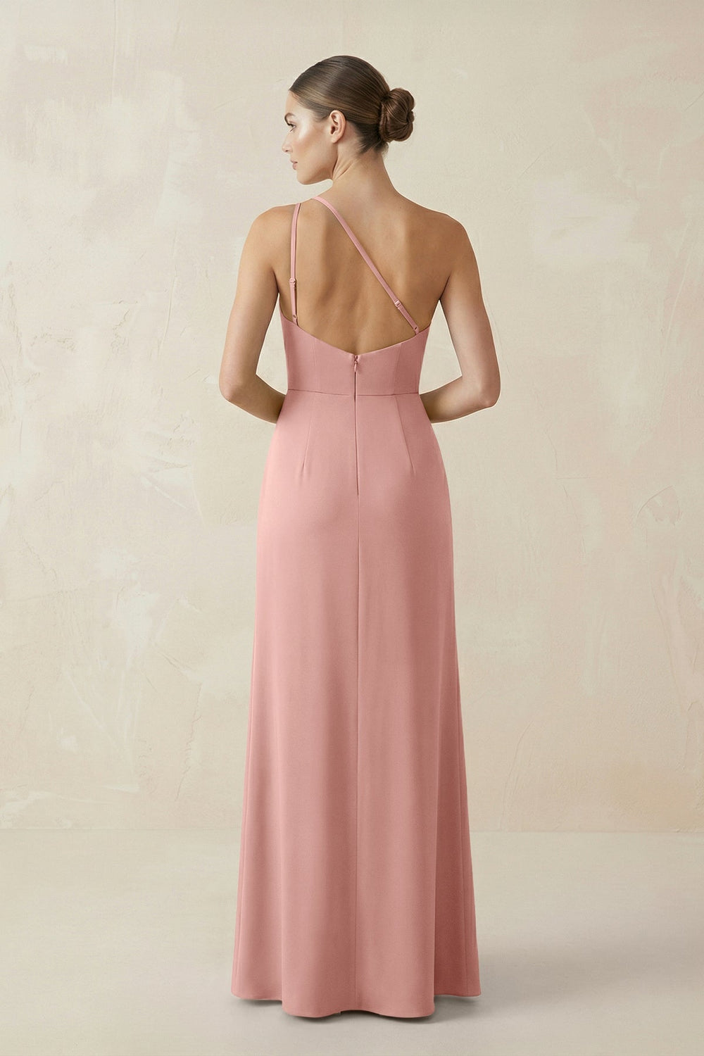 Sheath One - Shoulder Ruched Bridesmaid Dress With Slit in Rose Petal - KissProm Bridesmaid Dresses