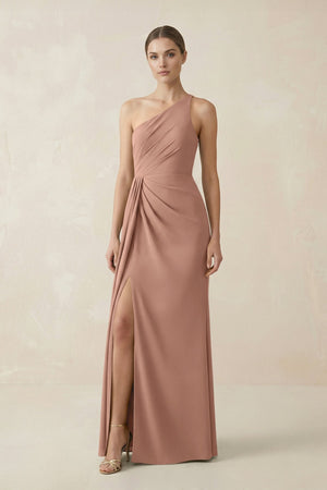 Sheath One - Shoulder Ruched Bridesmaid Dress With Slit in Rosette - KissProm Bridesmaid Dresses