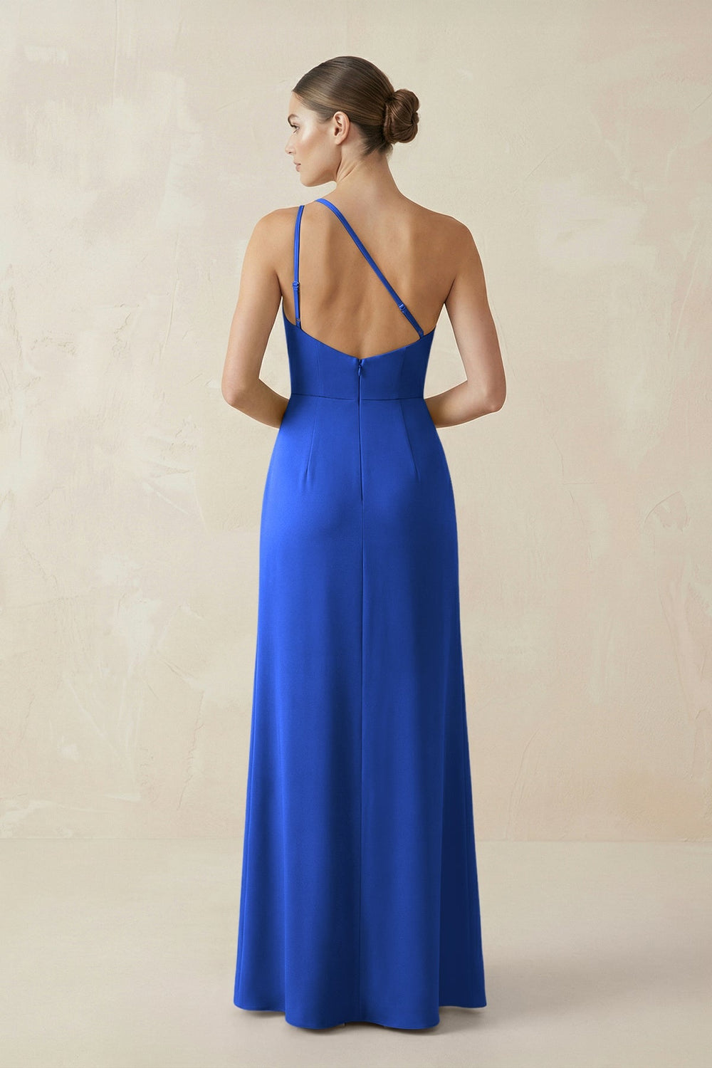 Sheath One - Shoulder Ruched Bridesmaid Dress With Slit in Royal Blue - KissProm Bridesmaid Dresses