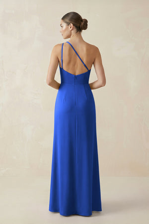 Sheath One - Shoulder Ruched Bridesmaid Dress With Slit in Royal Blue - KissProm Bridesmaid Dresses