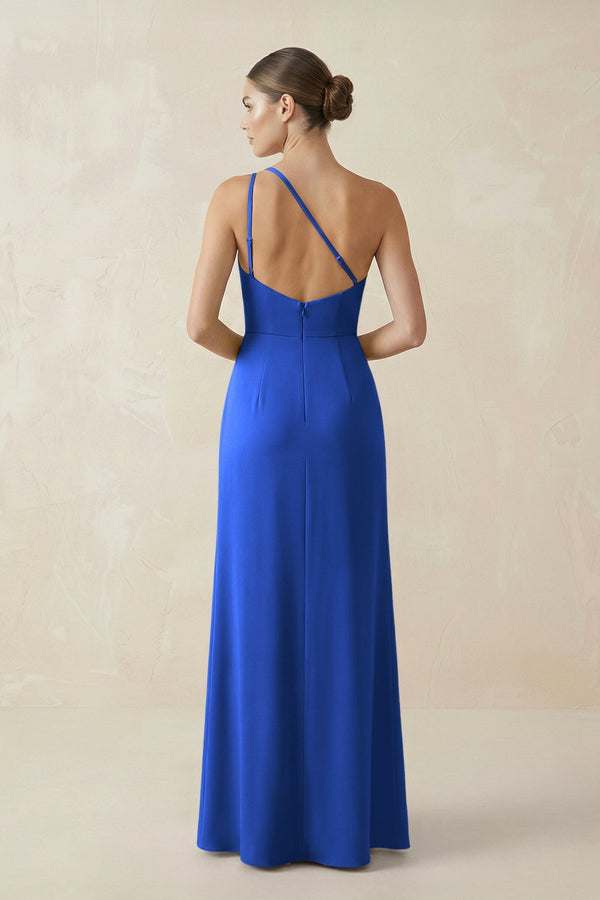Sheath One - Shoulder Ruched Bridesmaid Dress With Slit in Royal Blue - KissProm Bridesmaid Dresses