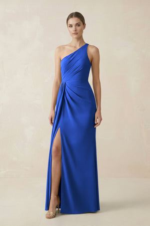 Sheath One - Shoulder Ruched Bridesmaid Dress With Slit in Royal Blue - KissProm Bridesmaid Dresses