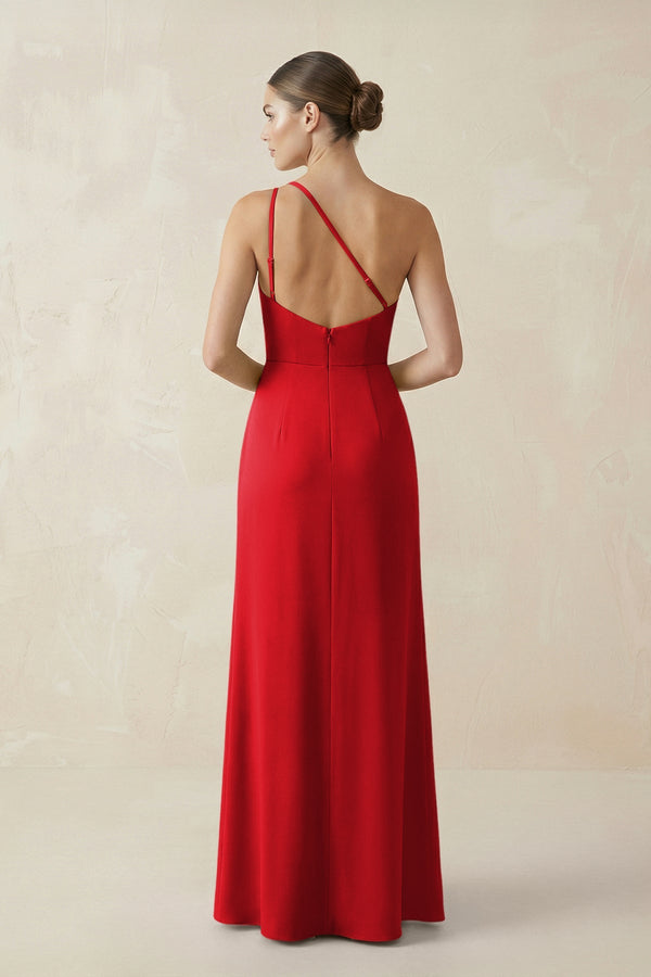 Sheath One - Shoulder Ruched Bridesmaid Dress With Slit in Ruby Red - KissProm Bridesmaid Dresses