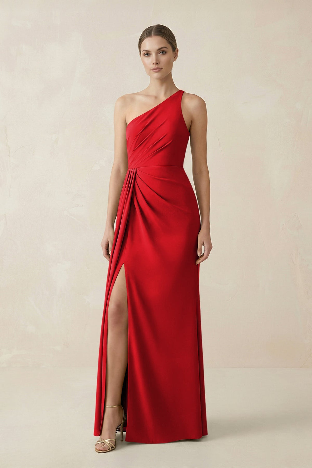 Sheath One - Shoulder Ruched Bridesmaid Dress With Slit in Ruby Red - KissProm Bridesmaid Dresses