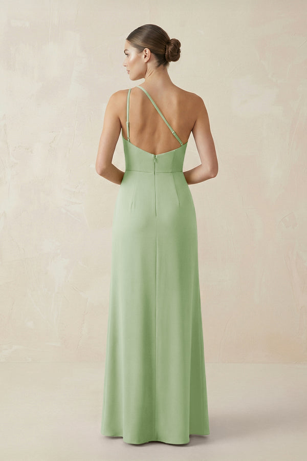 Sheath One - Shoulder Ruched Bridesmaid Dress With Slit in Sage - KissProm Bridesmaid Dresses