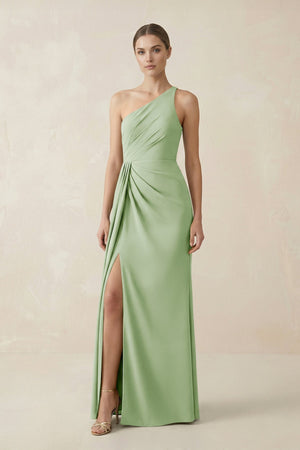 Sheath One - Shoulder Ruched Bridesmaid Dress With Slit in Sage - KissProm Bridesmaid Dresses