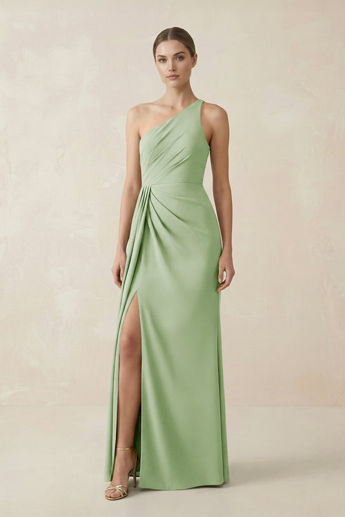 Sheath One - Shoulder Ruched Bridesmaid Dress With Slit in Sage - KissProm Bridesmaid Dresses
