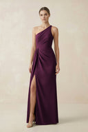 Sheath One - Shoulder Ruched Bridesmaid Dress With Slit in Sangria - KissProm Bridesmaid Dresses