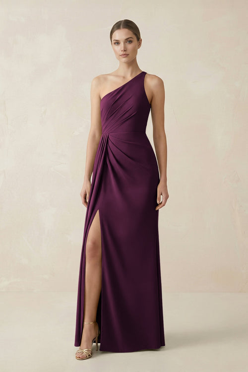 Sheath One - Shoulder Ruched Bridesmaid Dress With Slit in Sangria - KissProm Bridesmaid Dresses