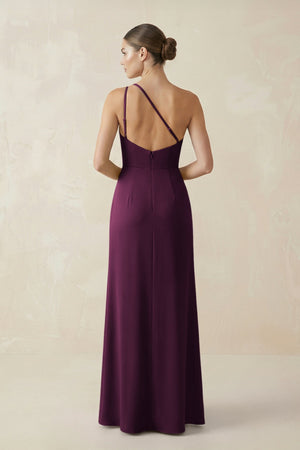 Sheath One - Shoulder Ruched Bridesmaid Dress With Slit in Sangria - KissProm Bridesmaid Dresses