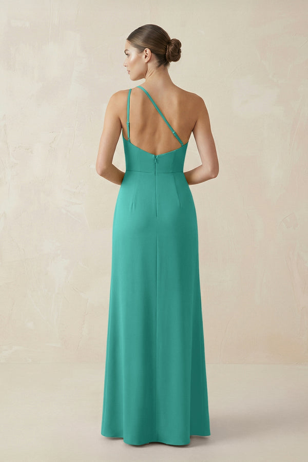 Sheath One - Shoulder Ruched Bridesmaid Dress With Slit in Sea Glass - KissProm Bridesmaid Dresses