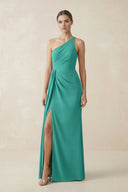 Sheath One - Shoulder Ruched Bridesmaid Dress With Slit in Sea Glass - KissProm Bridesmaid Dresses