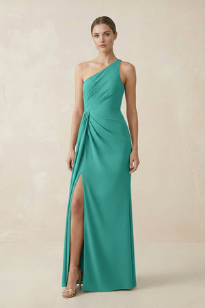 Sheath One - Shoulder Ruched Bridesmaid Dress With Slit in Sea Glass - KissProm Bridesmaid Dresses