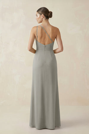 Sheath One - Shoulder Ruched Bridesmaid Dress With Slit in Silver - KissProm Bridesmaid Dresses