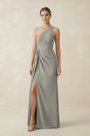 Sheath One - Shoulder Ruched Bridesmaid Dress With Slit in Silver - KissProm Bridesmaid Dresses