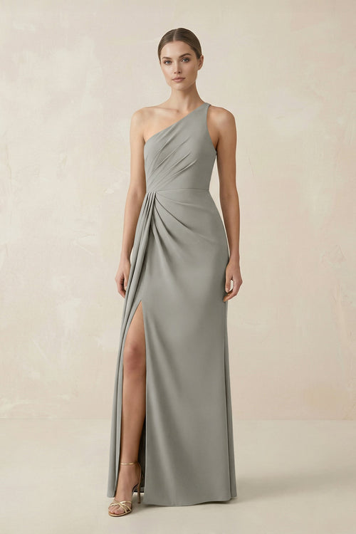 Sheath One - Shoulder Ruched Bridesmaid Dress With Slit in Silver - KissProm Bridesmaid Dresses