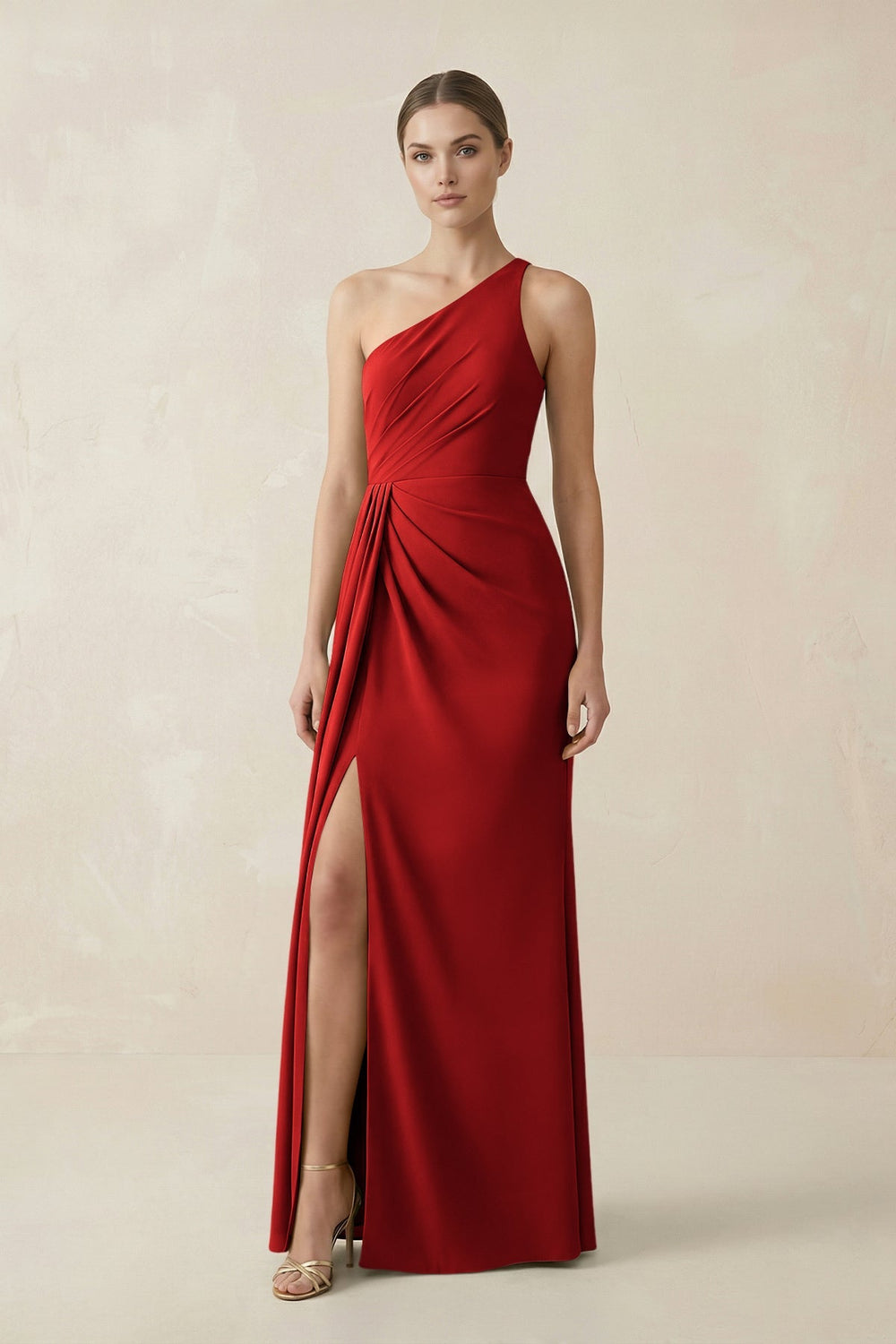 Sheath One - Shoulder Ruched Bridesmaid Dress With Slit in Spice - KissProm Bridesmaid Dresses