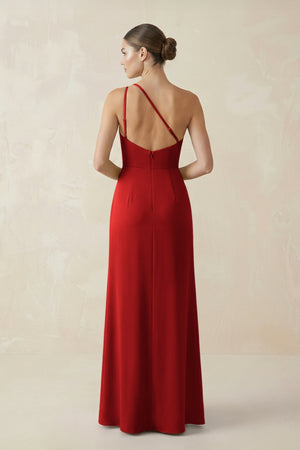 Sheath One - Shoulder Ruched Bridesmaid Dress With Slit in Spice - KissProm Bridesmaid Dresses