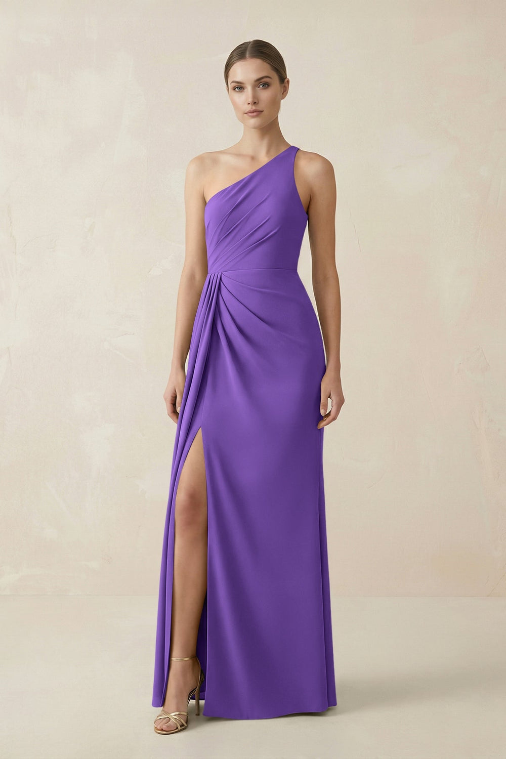 Sheath One - Shoulder Ruched Bridesmaid Dress With Slit in Tahiti - KissProm Bridesmaid Dresses