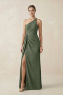 Sheath One - Shoulder Ruched Bridesmaid Dress With Slit in Thyme - KissProm Bridesmaid Dresses