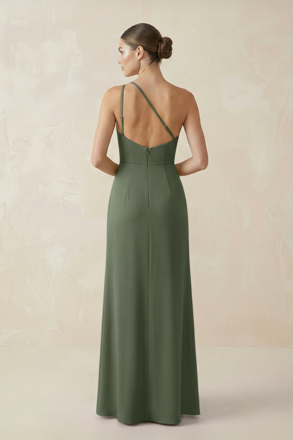 Sheath One - Shoulder Ruched Bridesmaid Dress With Slit in Thyme - KissProm Bridesmaid Dresses