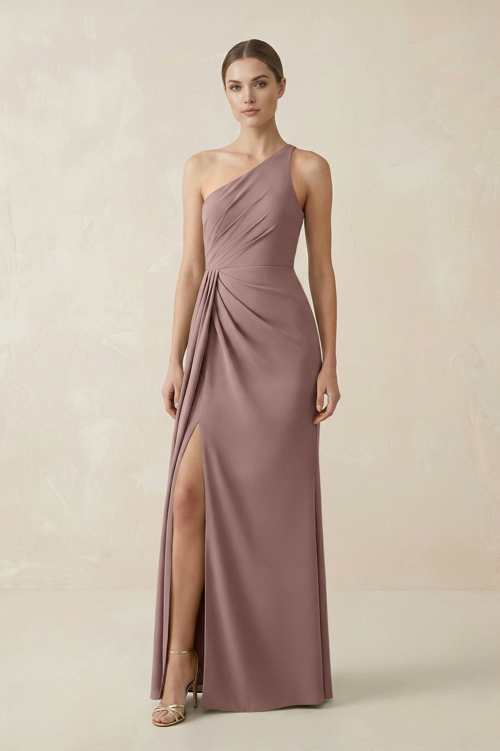 Sheath One - Shoulder Ruched Bridesmaid Dress With Slit in Toffee - KissProm Bridesmaid Dresses