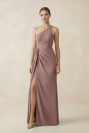 Sheath One - Shoulder Ruched Bridesmaid Dress With Slit in Toffee - KissProm Bridesmaid Dresses