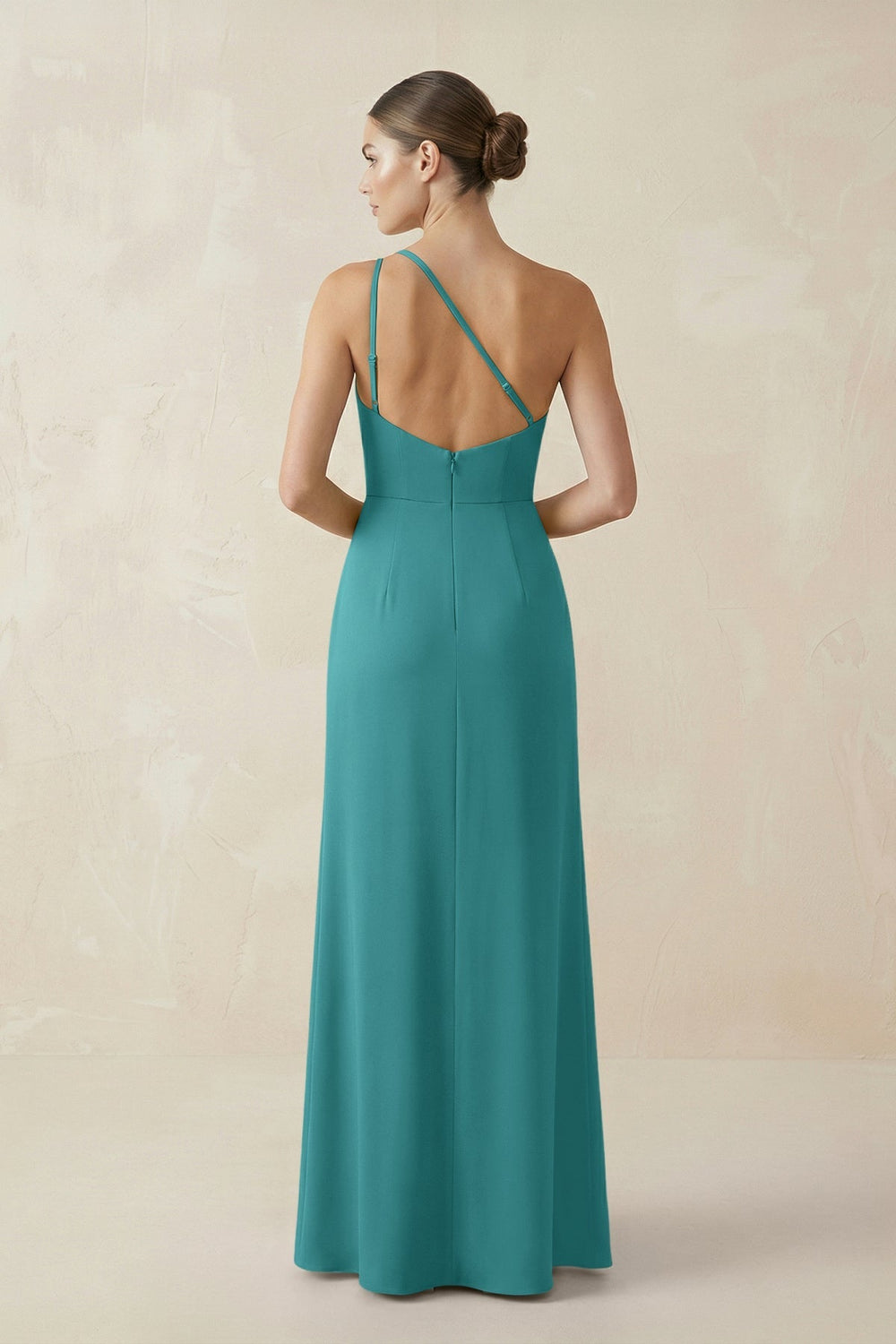 Sheath One - Shoulder Ruched Bridesmaid Dress With Slit in Turquoise - KissProm Bridesmaid Dresses