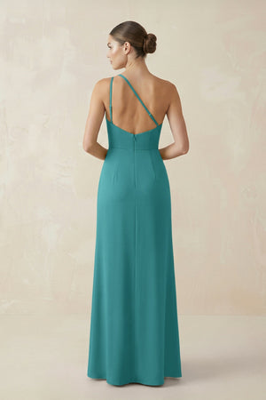 Sheath One - Shoulder Ruched Bridesmaid Dress With Slit in Turquoise - KissProm Bridesmaid Dresses