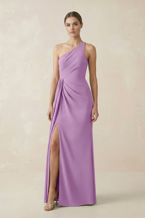 Sheath One - Shoulder Ruched Bridesmaid Dress With Slit in Vintage Mauve - KissProm Bridesmaid Dresses